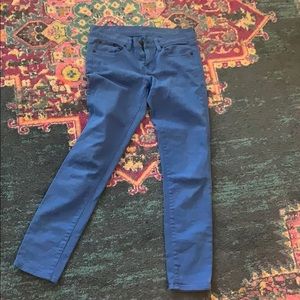 Cobalt blue dyed J. Crew ankle toothpick jeans